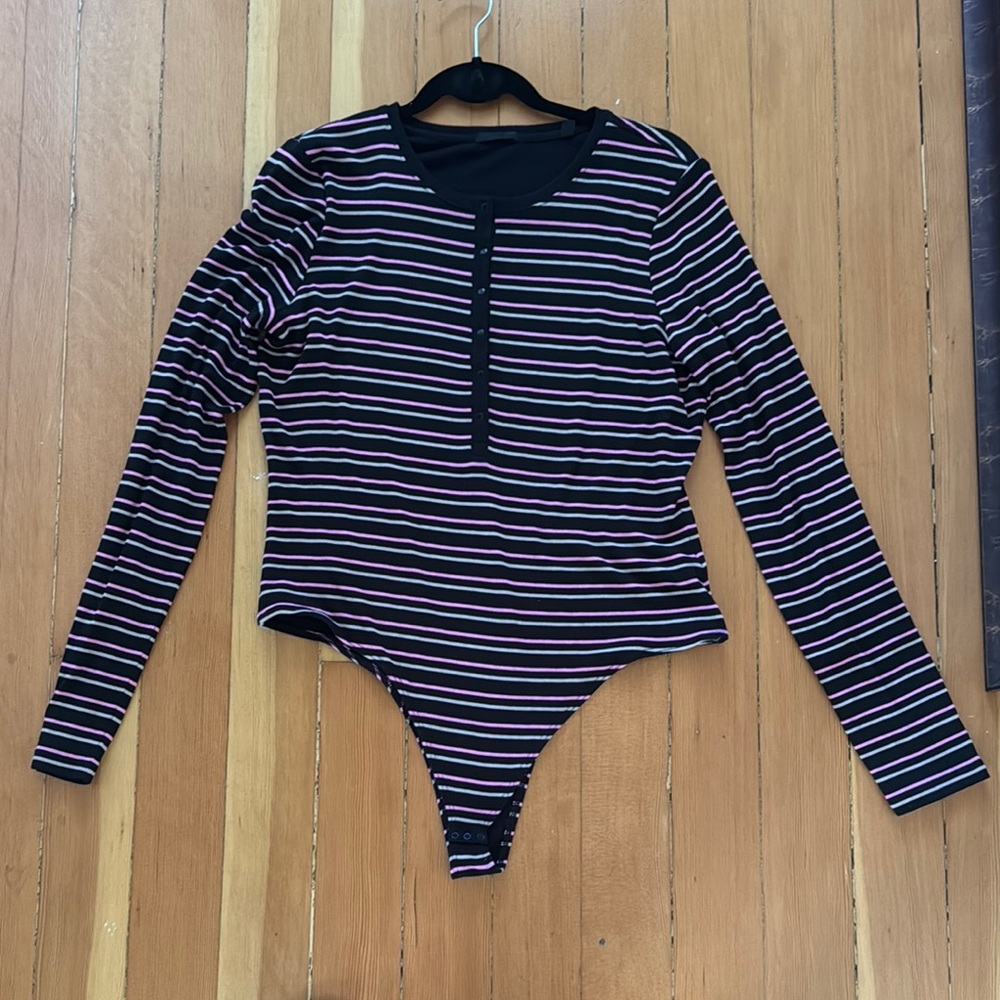 ATM Anthony Thomas Melillo Black and Pink Striped Bodysuit